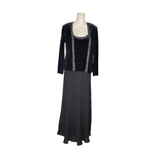Patra Black 2-Piece Evening Dress Velvet Beaded Jacket & Chiffon Dress Sz 10